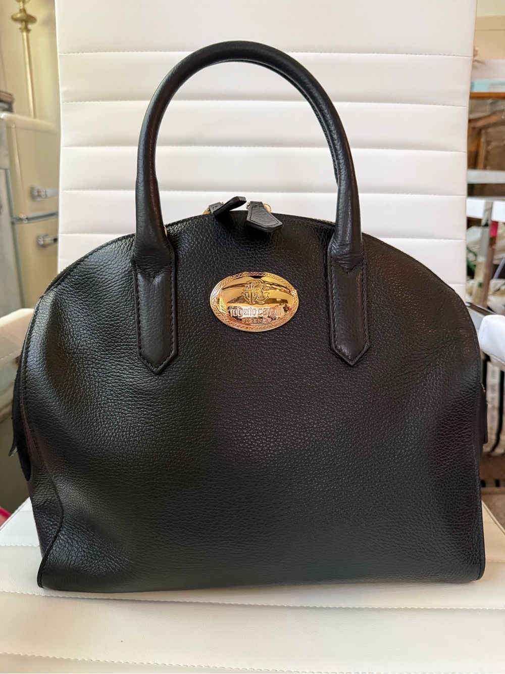 Roberto Cavalli Black Leather Satchel with Gold Plaque